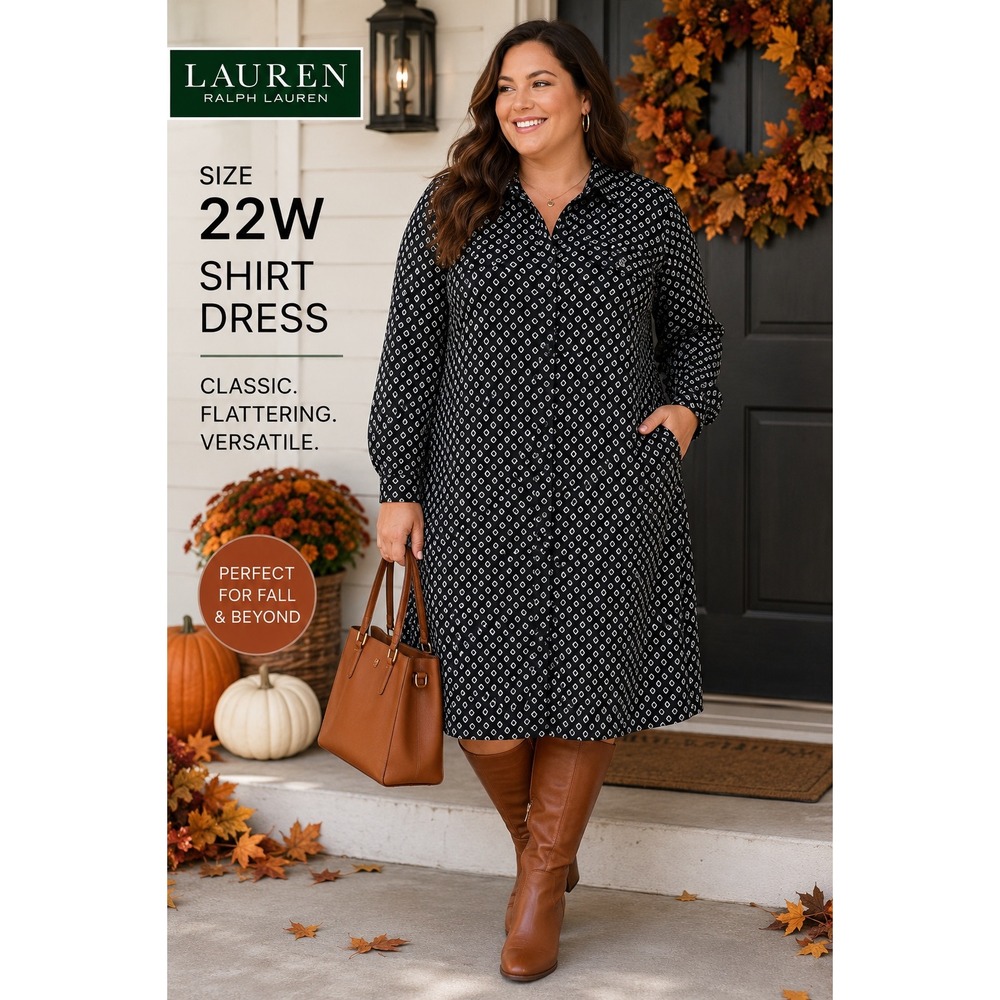 Lauren Ralph Lauren Womens 22W Black White Geometric Diamond Shirt Dress